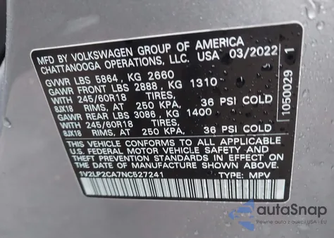 2022 Volkswagen Atlas 2.0T Se z USA, uszkodzony, nr VIN 1V2LP2CA7NC527241